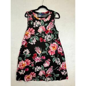 Apt. 9 Floral Design Black A Line Swing Jewel Neck Dress with Pockets Size Large
